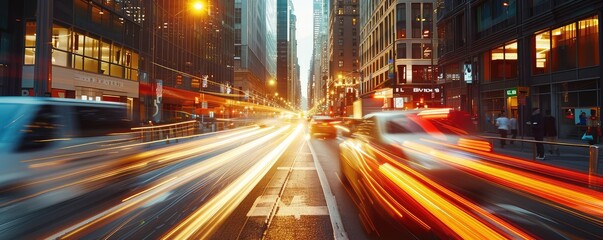 Obraz premium Busy city street with motion blurred traffic during sunset.