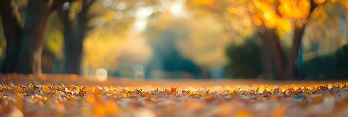 A tranquil autumn scene with fallen leaves and soft sunlight filtering through trees.