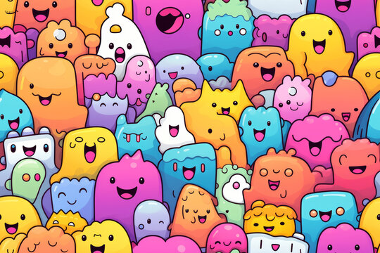 A seamless pattern of colorful, cartoon, happy, friendly, cute, smiling, blob monsters.