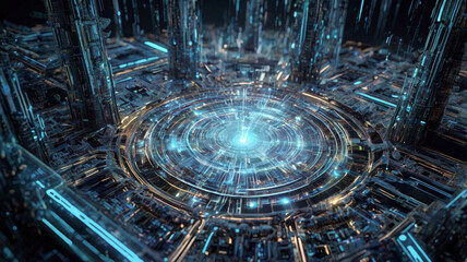 A creative and futuristic science background featuring a massive quantum computer