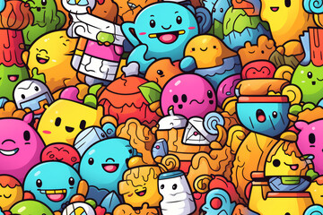 A seamless pattern of colorful, cute, cartoon doodles with happy faces, including a variety of shapes,  arranged in a random pattern.
