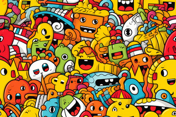 A seamless pattern of cute and colorful cartoon monsters in a doodle style.