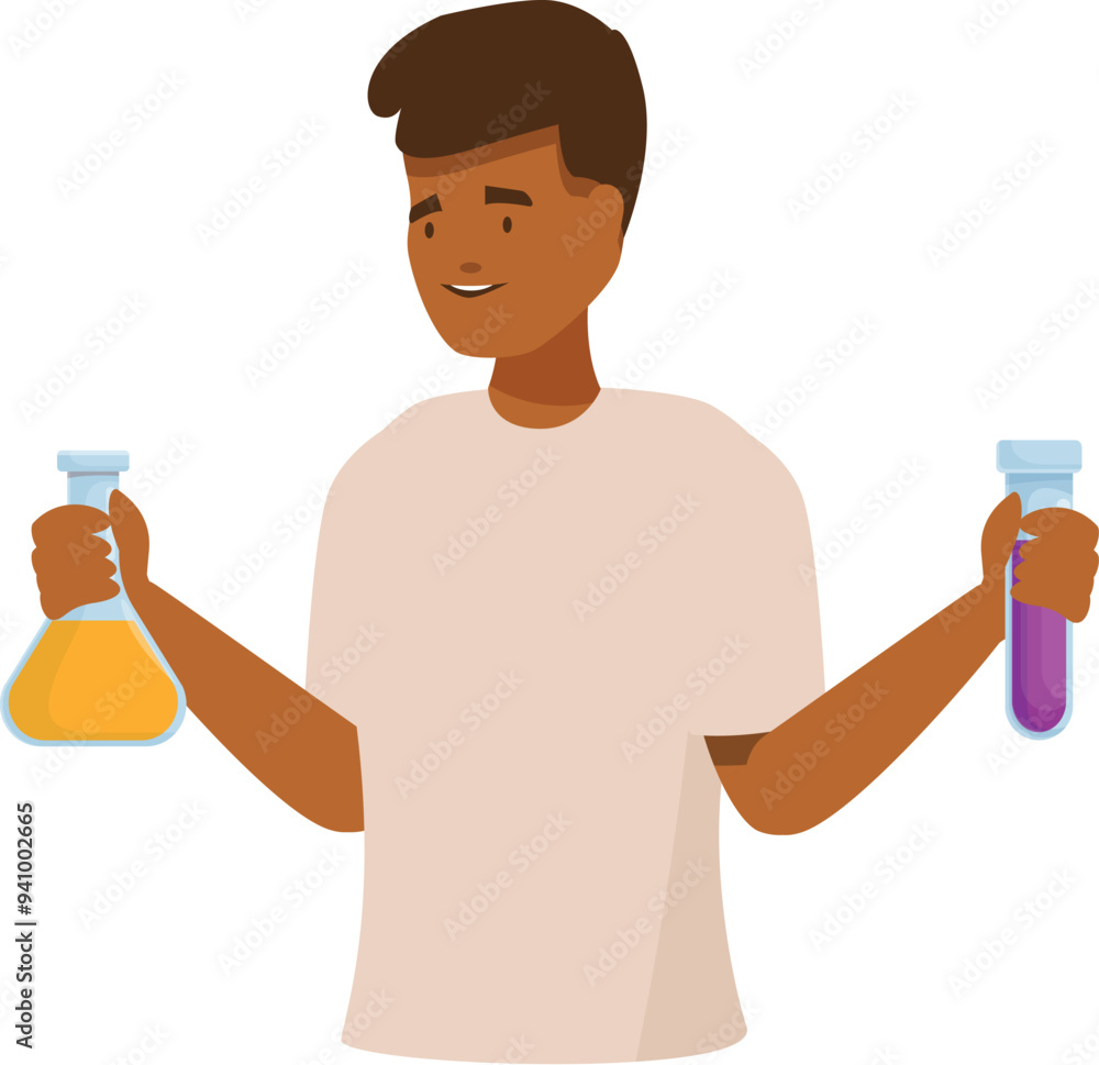 Poster young scientist is holding a conical flask and a test tube, comparing the different colored solution