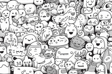 A seamless pattern of cute and quirky doodle monsters in black and white.
