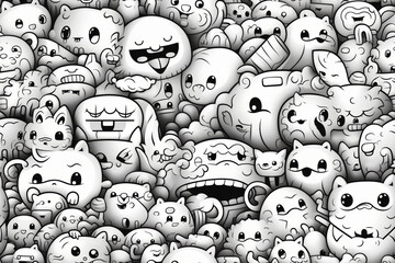 A seamless pattern of cute black and white doodle characters.