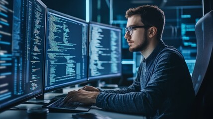 Fototapeta premium IT professionals setting up remote work solutions for secure and productive work environments.