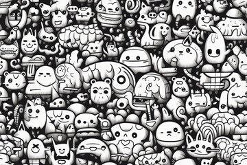 A seamless pattern of cute black and white doodles with cartoon animals and various objects.