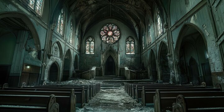 A decaying church with stained glass windows and pews.