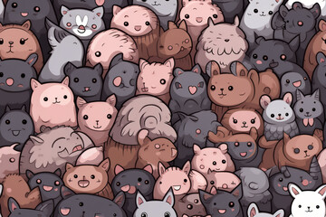 A seamless pattern of cute cartoon cats in various poses and colors.
