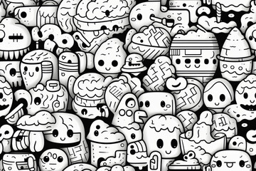 A seamless pattern of cute cartoon characters in black and white.