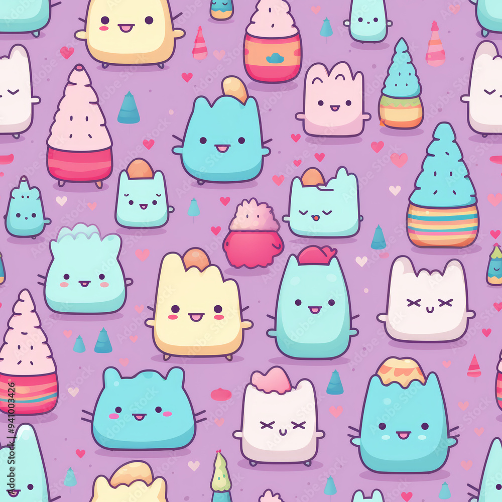 Poster a seamless pattern of cute cartoon characters in various colors on a purple background with hearts a