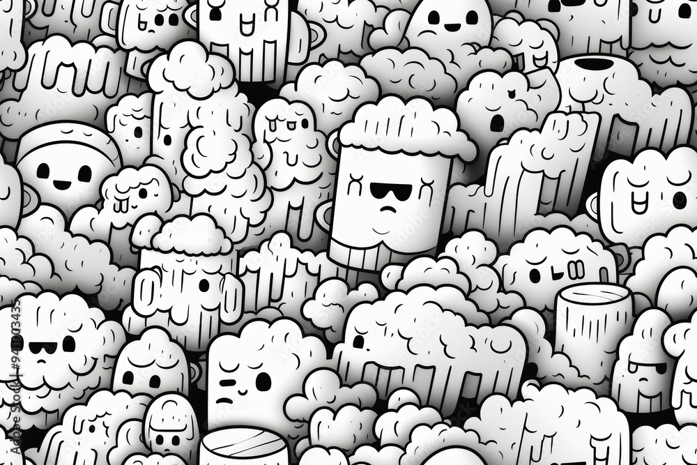 Poster a seamless pattern of cute cartoon characters with different expressions and designs.
