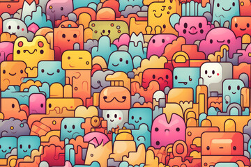 A seamless pattern of cute cartoon characters in various colors and shapes.