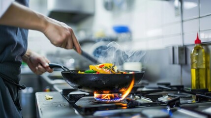 Chef Stir-Frying Colorful Vegetables on a Stovetop