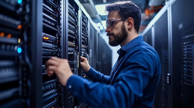IT service professional setting up a secure server in a corporate data center.