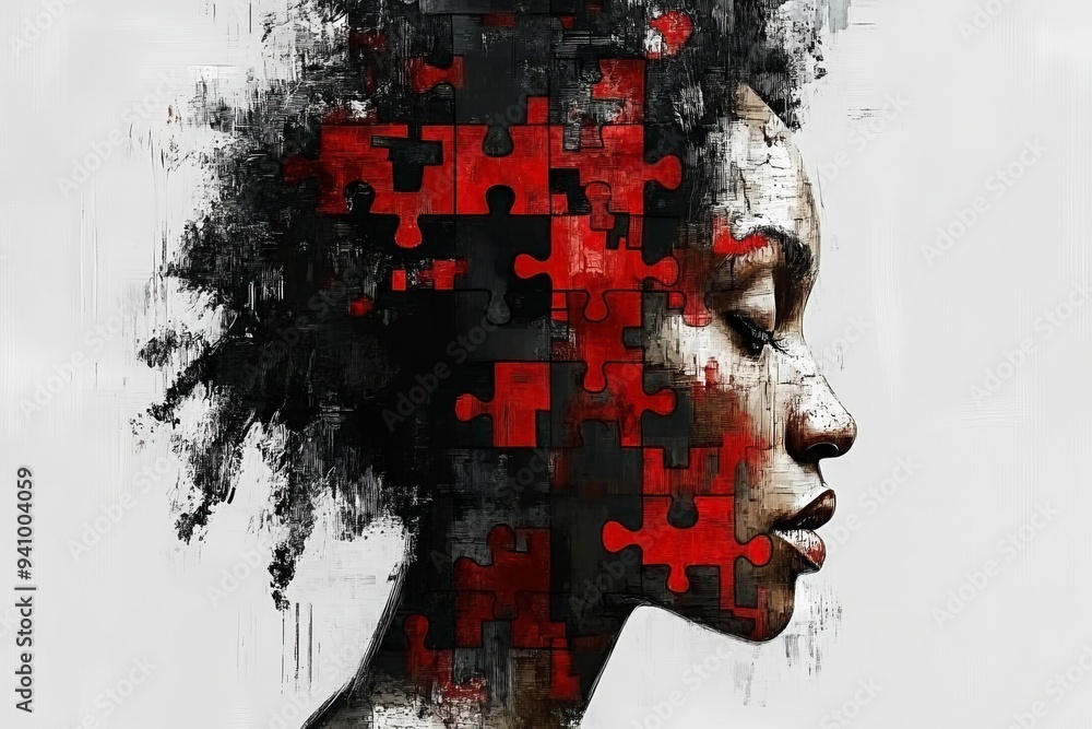 Poster a digital artwork of a woman with a pixelated brain representing the fragmentation of identity techn