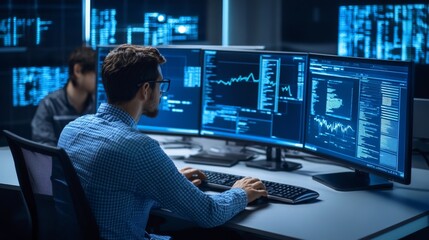 IT service team monitoring network performance on multiple screens.
