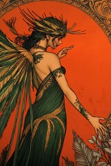 An elegant poster in a 20s and 30s nostalgic style featuring a goddess-like female elf and star, perfect for vintage wallpaper.