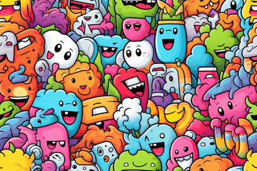 A seamless pattern of cute cartoon monsters with different colors and expressions.