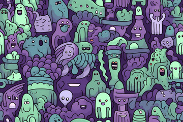 A seamless pattern of cute cartoon monsters in green and purple colors.