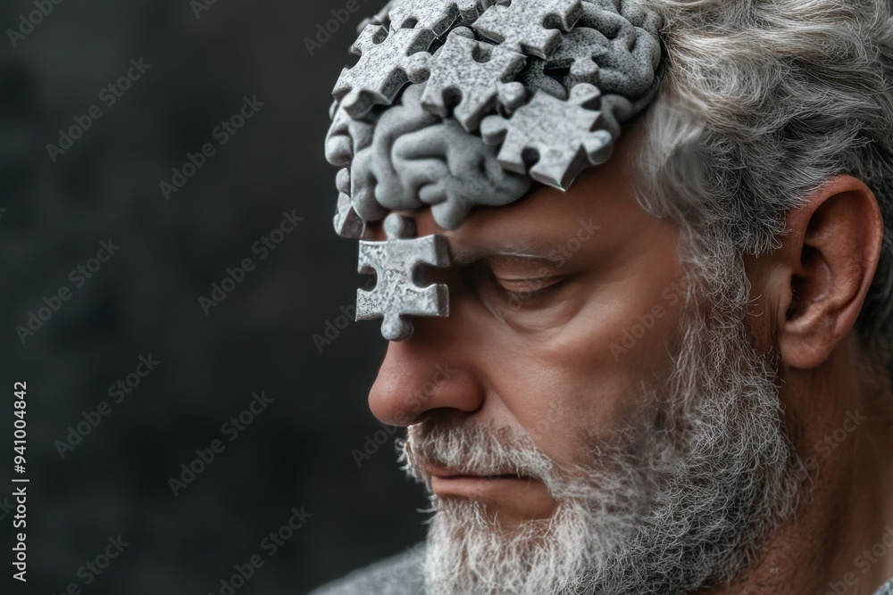 Poster a close up portrait of an elderly man with puzzle pieces forming his brain representing memory wisdo