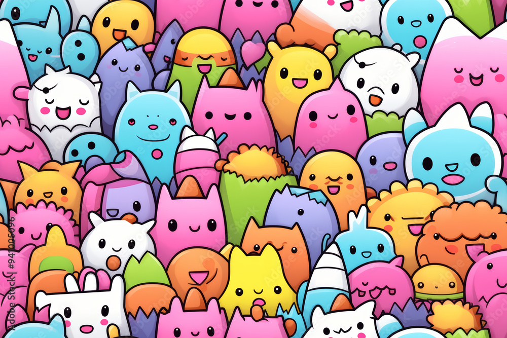 Poster a seamless pattern of cute colorful cartoon monsters with different expressions and shapes.