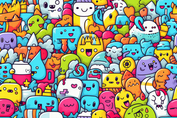 A seamless pattern of cute colorful doodles, including cartoon characters, emojis, abstract shapes and whimsical objects, perfect for kids and adults.