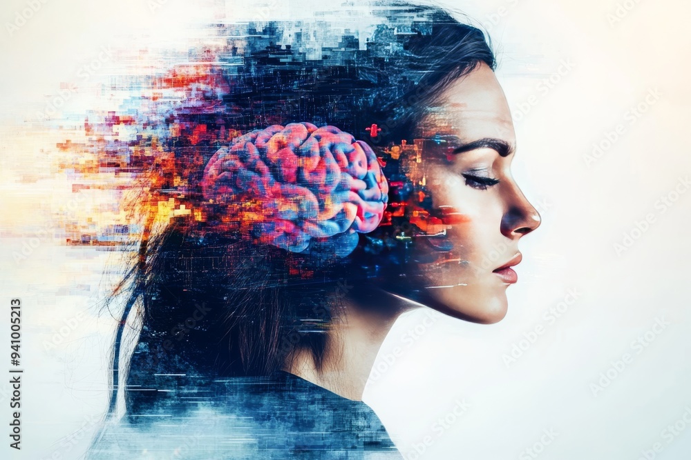 Aufkleber dynamic digital portrait of woman with her brain depicted as colorful explosion of neural connection