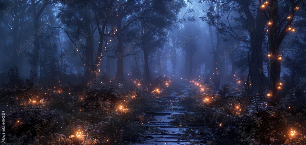 Poster enchanting forest path illuminated by magical lights at dusk, creating an ethereal and mystical atmo