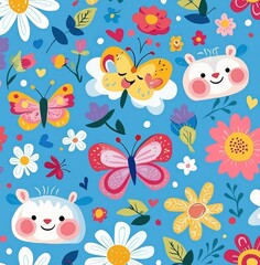 Obraz premium Whimsical butterfly and floral pattern with smiling animal faces, colorful flowers, and hearts on a blue background Generative AI