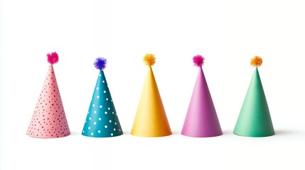 A colorful collection of party hats in various colors and patterns.
