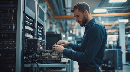 IT service technician troubleshooting a computer issue in a modern office.