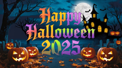 Happy Halloween 2025 with spooky house, full moon and jack-o-lanterns..