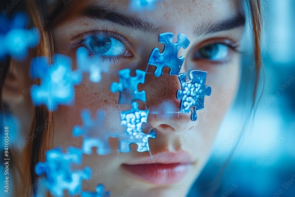 Poster a close up of a young woman’s face with puzzle pieces forming her brain symbolizing the complexity o