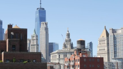 New York City Lower Manhattan, Downtown Financial District architecture, United States. One World Trade Center skyscraper Woolworth, Municipal building, USA. American urban skyline. WTC Freedom tower.