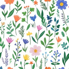 Vibrant floral pattern with colorful flowers and lush green leaves on a white background Generative AI