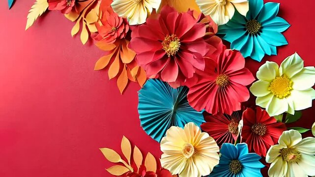 A red background with a paper flower border