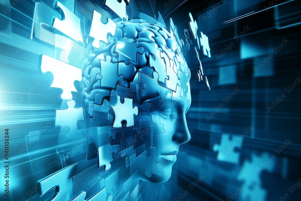 Poster a futuristic digital artwork featuring a man with his brain as a matrix of glowing connected puzzle 