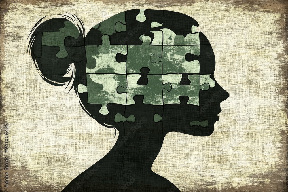 Poster a minimalist profile of a woman with puzzle pieces forming her brain symbolizing the complex cogniti