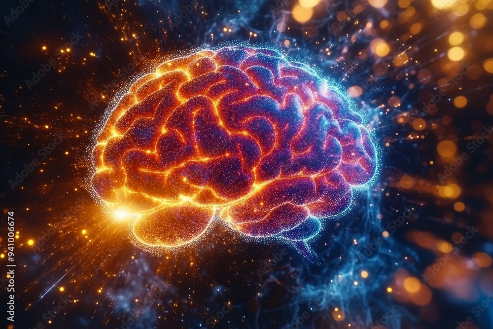 Poster a vibrant glowing brain surrounded by neural connections representing the intensity of thought intel