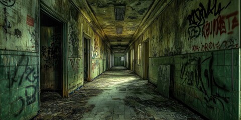 Abandoned hallway with green tiled walls.