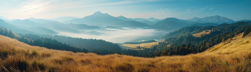 Fototapeta premium Morning mist over mountain valley with golden grass and forest Generative AI