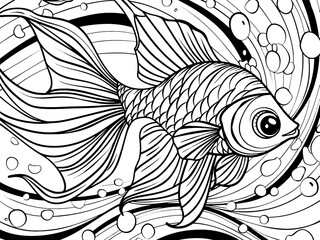 Anti-stress coloring book, fish with large fins. Pattern lines. Generative ai raster illustration.