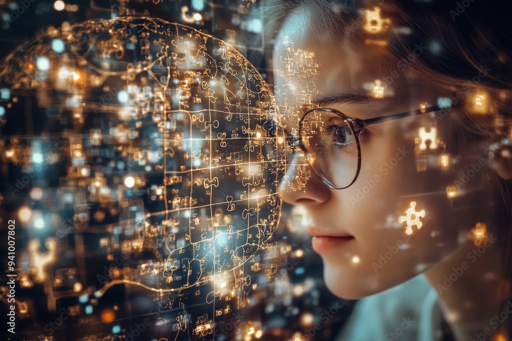Aufkleber digital artwork depicting a woman with her head surrounded by complex network of glowing neural conn