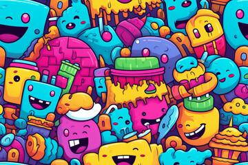 Fototapeta premium A seamless pattern with colorful cartoon characters and objects, perfect for a fun and playful design.