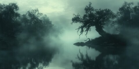 Fototapeta premium A foggy lake with trees reflected in the water.