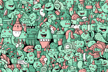 A seamless pattern with cute green and pink cartoon characters.