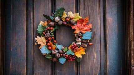 A fall wreath hangs on a wooden door.