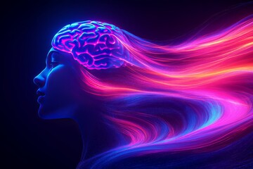 Obraz premium A surreal digital portrait of a woman with her brain depicted as flowing neon lights representing the intensity of thought creativity and the energy of cognition in a vibrant futuristic style