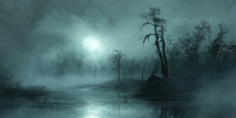 Silhouetted trees on foggy lake under moon.